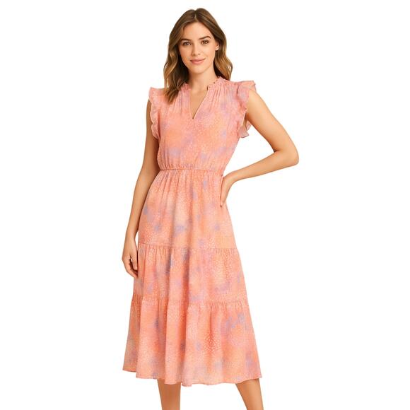 BB Dakota Steve Madden Boho Romantic Ruffle Midi Dress Pink Multi  Large NWT - Picture 1 of 8